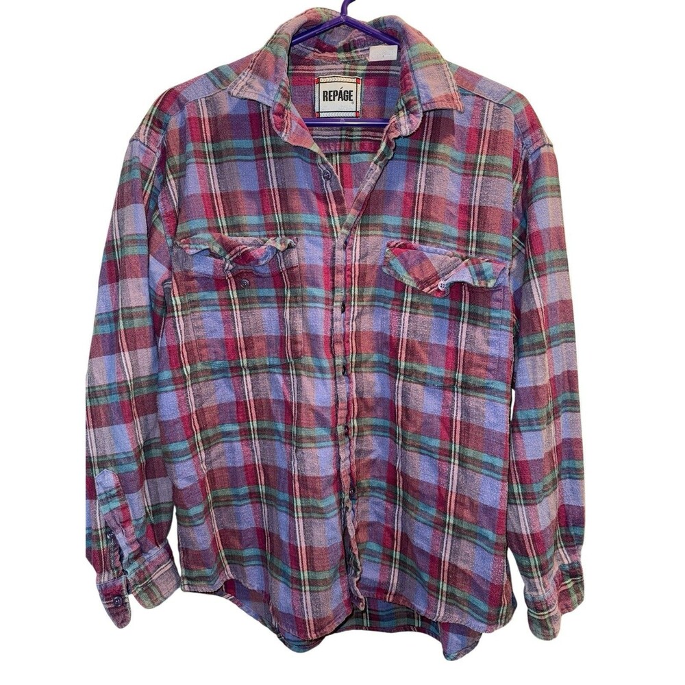 Vintage Flannel Shirt Womans Large Blue Purple Plaid Preppy Outdoor Relaxed Fit
